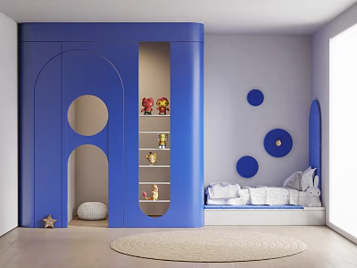 Stylish Kids Room Interior With Blue Curved Cabinet Circular Wall Decor And White Bedding 3d model