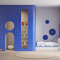 Stylish Kids Room Interior With Blue Curved Cabinet Circular Wall Decor And White Bedding