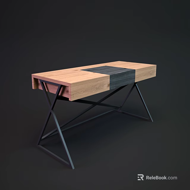 Stylish Desk Design With Mixed Wood Panels And Metal X Frame 3d model 