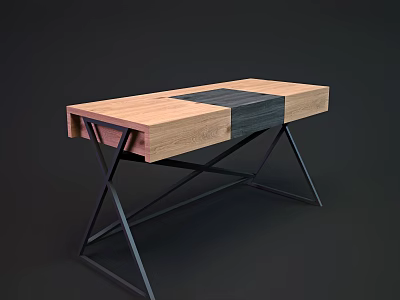 Stylish Desk Design With Mixed Wood Panels And Metal X Frame 3d model