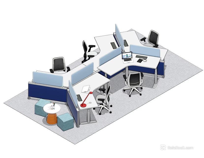 Modern Office Cubicle Workstations With Ergonomic Chairs Computers And Desk Lamps 3d model 