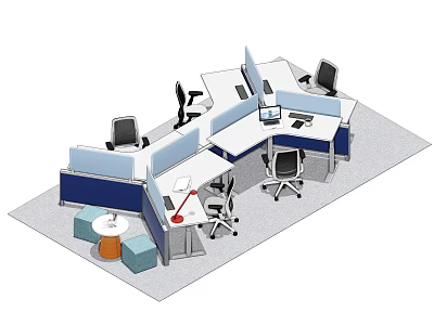 Modern Office Cubicle Workstations With Ergonomic Chairs Computers And Desk Lamps 3d model