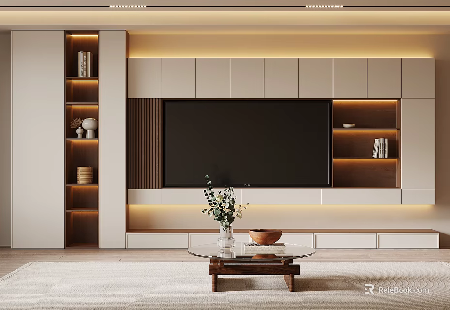 Modern Minimalist Full Wall TV Cabinet With Warm Ambient Lighting And Multifunctional Storage Display Shelves 3d model 