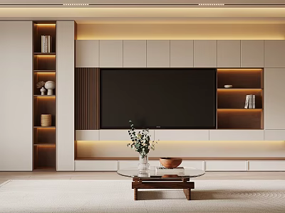 Modern Minimalist Full Wall TV Cabinet With Warm Ambient Lighting And Multifunctional Storage Display Shelves 3d model