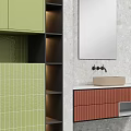 Modern Bathroom Vanity Design With Green Cabinets Stone Wall Mirror And Tiles 3d model