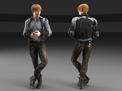 A Man Wearing Denim Jacket Holding Mobile Phone Standing With Casual Jeans And Boots 3d model