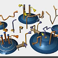 Colorful Playground Equipment With Multiple Blue Bases Curved Tubes Yellow Components And Purple Structures