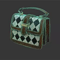 Stylish Leather Handbag With Black White Argyle Pattern Brown Trim Golden Buckle And Top Handle