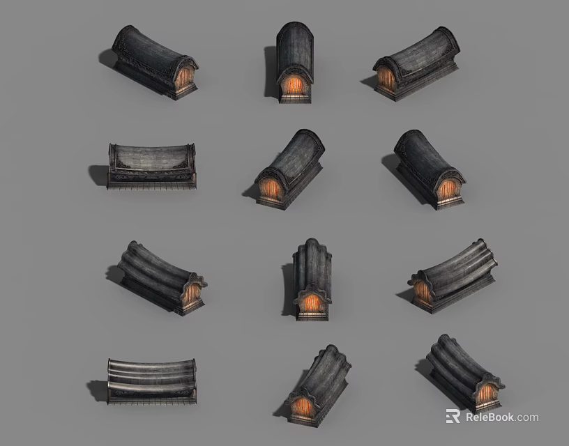 Various Black Roof Tiles With Orange Interior And Different Styles 3d model 