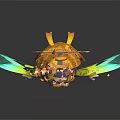 Cute Oriental Fantasy Creature With Golden Long Hair Blue Eyes Green Wings Holding Lantern