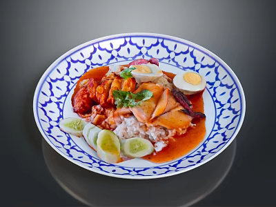 Blue White Patterned Plate With Rice Fried Egg Meat Slices Cucumber And Red Sauce 3d model