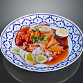 Blue White Patterned Plate With Rice Fried Egg Meat Slices Cucumber And Red Sauce