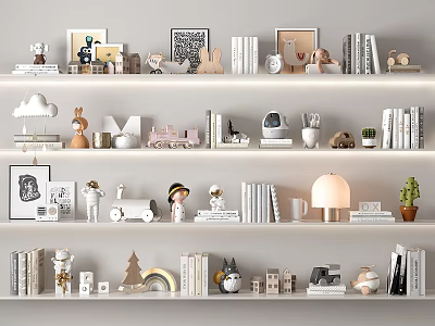 Stylish Decorative Ornament Collection on Shelves with Mini Statues Photo Frames Books and Small Plants 3d model