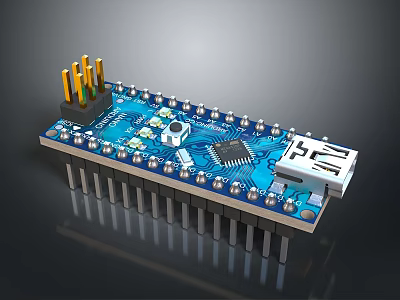 Blue Computer Circuit Board With Chip USB Port And Metal Electronic Pins 3d model