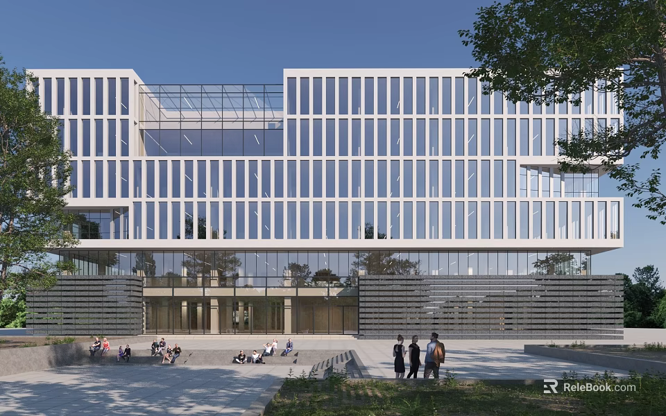 Modern Office Building With Glass Curtain Walls And Plaza Area With People And Trees 3d model 