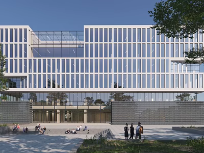 Modern Office Building With Glass Curtain Walls And Plaza Area With People And Trees 3d model