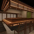 Japanese Restaurant Interior With Wooden Structure Long Dining Table And Circular Lattice Window