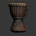 Traditional Hand Drum With Leather Head And Brown Wooden Body Black Striped Pattern