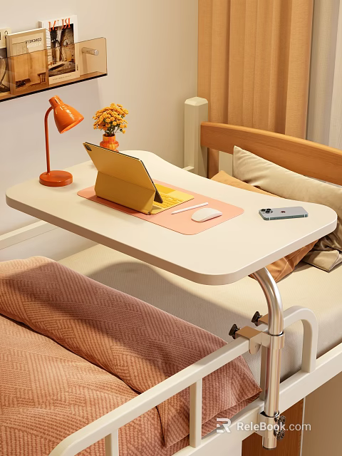 Mobile Functional Desk with Tablet Stand Mouse Phone Orange Lamp and Flower Vase Beside Bed 3d model 