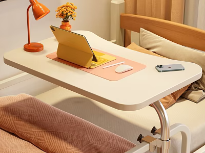 Mobile Functional Desk with Tablet Stand Mouse Phone Orange Lamp and Flower Vase Beside Bed 3d model