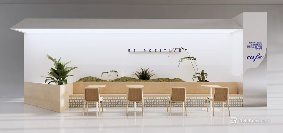 Bright Modern Café Interior With Be Positive Sign And Green Plants 3d model 