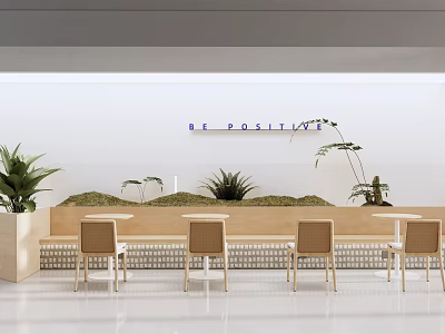 Bright Modern Café Interior With Be Positive Sign And Green Plants 3d model
