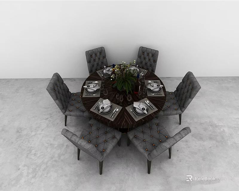 Elegant Modern Dining Table Set with Round Table Gray Chairs Tableware Wine Glasses and Flowers 3d model