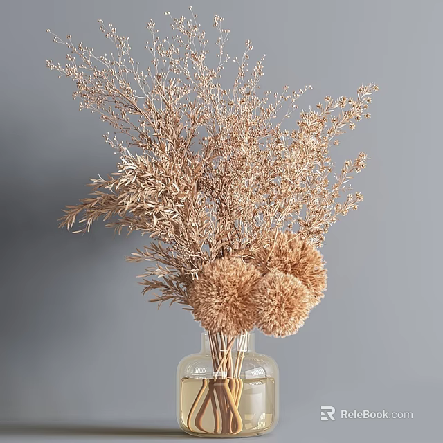 Dried Beige Flowers Arrangement in Clear Glass Vase with Gray Backdrop 3d model 