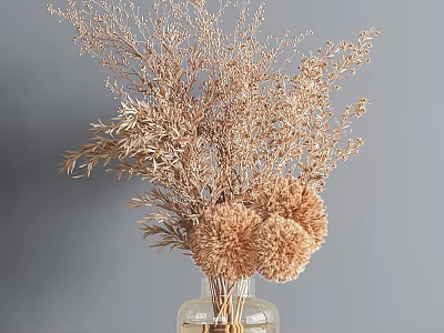 Dried Beige Flowers Arrangement in Clear Glass Vase with Gray Backdrop 3d model