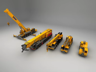 Yellow Crane Functional Vehicles Displaying Various Sizes And Detailed Models 3d model