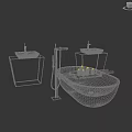 Black Round Bathtub With Wooden Tray And Two Dark Wood Vanities With Black Basins