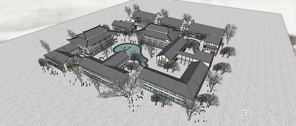 Traditional Style Commercial Complex With Central Courtyard Pool Pedestrian Areas And Surrounding Trees 3d model 