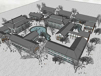 Traditional Style Commercial Complex With Central Courtyard Pool Pedestrian Areas And Surrounding Trees 3d model