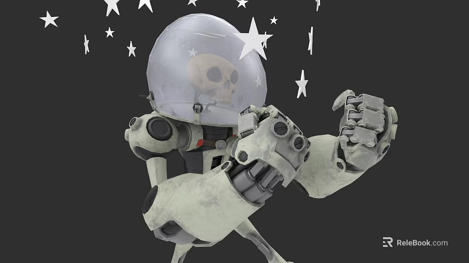 Game Movie Character Robot With Skull Head And Transparent Helmet Surrounded By Stars 3d model 