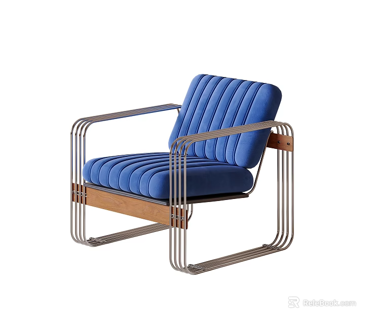 Modern Blue Velvet Leisure Chair With Metal Frame And Wooden Accents 3d model 