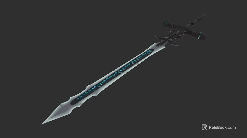 Fantasy Sword With Silver Blade Blue Patterns And Intricate Black Hilt Design 3d model 