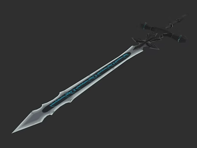 Fantasy Sword With Silver Blade Blue Patterns And Intricate Black Hilt Design 3d model