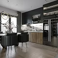 Modern Open Concept Living Dining Room With Wooden Walls Marble Coffee Table Black Sofa and Large Painting