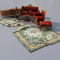 Ornate Red Leisure Sofa Set With Armchair Ottoman Coffee Table And Decorative Rugs