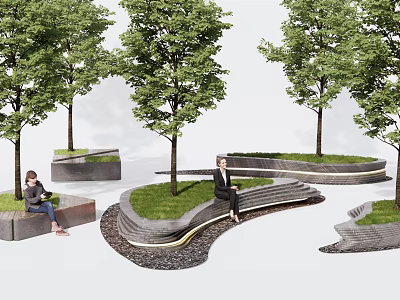 Tree Pit Urban Landscape Design Featuring Curved Steps Grass Lawn And Pedestrian Seating 3d model