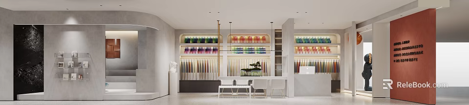 Modern Luxury Display Space With Colorful Items Display Cabinets White Counter Chairs And Plants 3d model 