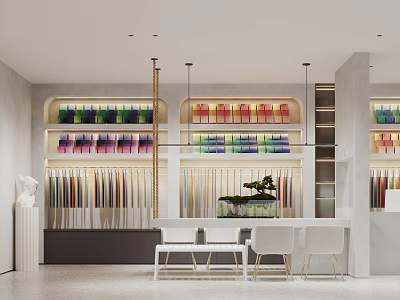 Modern Luxury Display Space With Colorful Items Display Cabinets White Counter Chairs And Plants 3d model