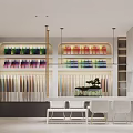 Modern Luxury Display Space With Colorful Items Display Cabinets White Counter Chairs And Plants