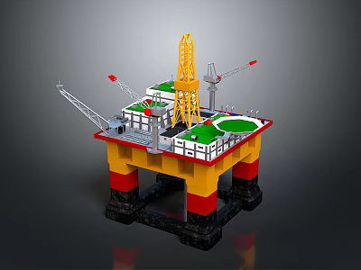 Offshore Oil Drilling Platform With Drilling Tower Cranes Green Deck And Yellow Red Black Columns 3d model