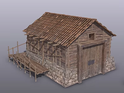 Rustic Wooden Cabin With Stone And Wooden Walls Wooden Shingle Roof And Steps 3d model