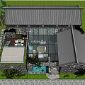 Traditional Chinese Guesthouse Architecture Featuring Stone Walls Tile Roof Glass Doors And Green Trees