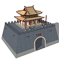 Ancient Chinese City Gate Architecture With Multi Tiered Roof Red Pillars And Crenellated Wall