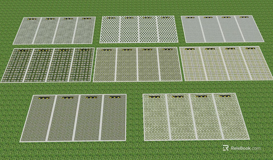 Parking Lot Surface Featuring Different Pattern Metal Grid Panels On Green Grass 3d model