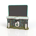 Futuristic Tech Console With Black Screen Cyan Border Central Button And Circuit Lines