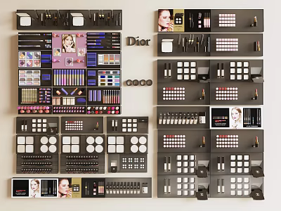Perfume and Cosmetics Display Shelves With Assorted Lipsticks Eyeshadows and Fragrance Bottles 3d model